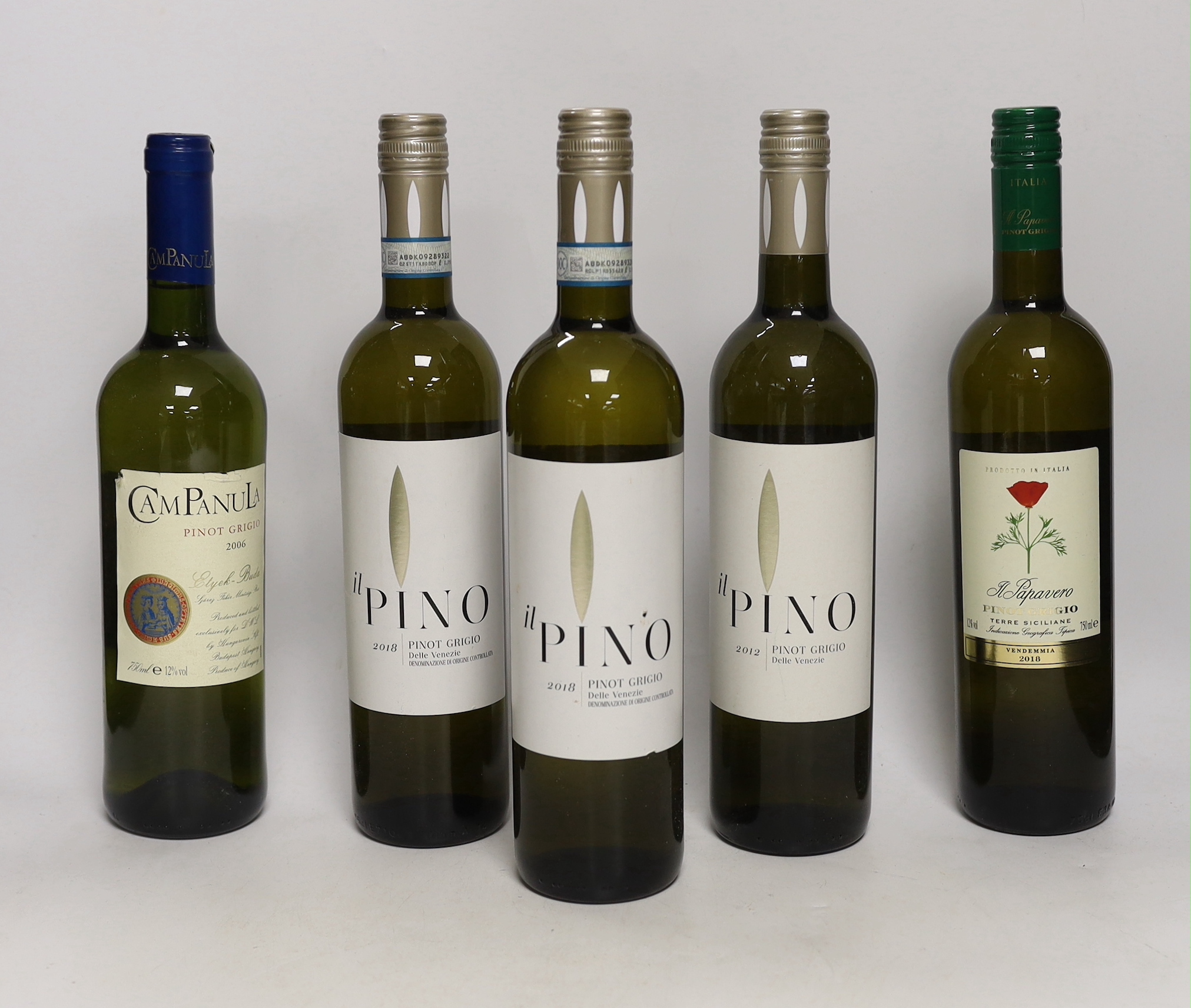 Twelve bottles of Pinot Grigio including a bottle of Campanula Elyria-Buda 2006